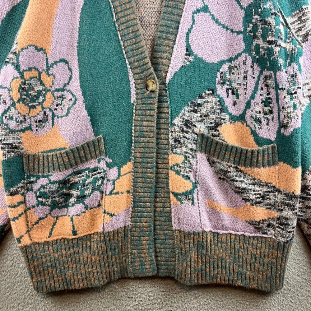 Free People August Floral Intarsia Oversized Cardigan Lavender Teal Peach Large
